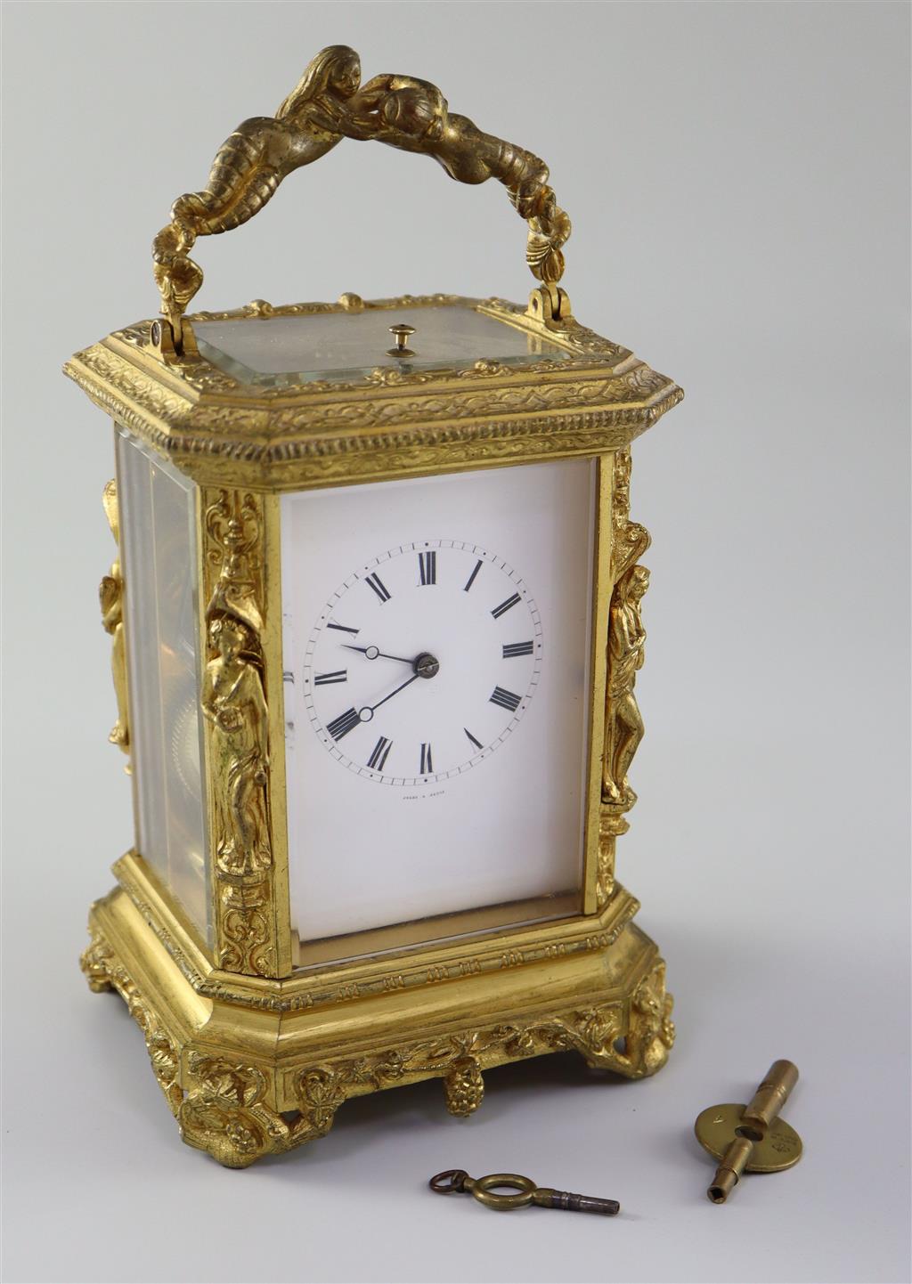 Jules of Paris. A 19th century French ormolu hour repeating carriage clock, width 4.75in. height 7in.